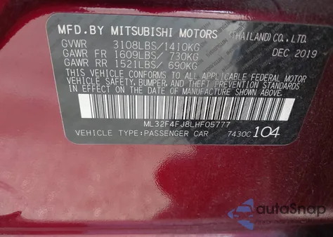 2020 Mitsubishi Mirage G4 Le from USA, damaged, VIN ML32F4FJ8LHF05777